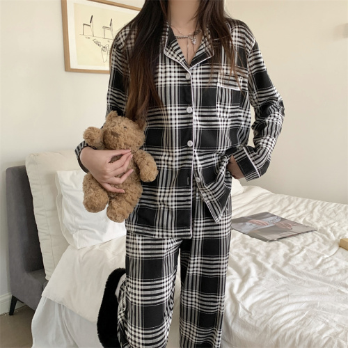 Autumn ins new internet celebrity plaid pajamas long-sleeved cardigan home wear suit lapel can be worn outside