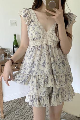 Real shots, no less, suspender nightgown, women's summer thin home clothes, new pure lust style French pajamas suit summer