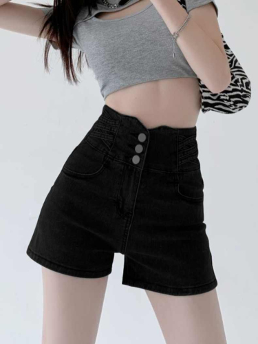 Black high-waisted denim shorts for women summer 2024 new design a-line super shorts thin hot pants for hot girls