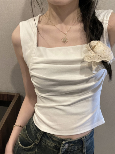 Real shot square collar pleated sleeveless t-shirt for women summer slimming outer wear Korean version versatile bottoming shirt top