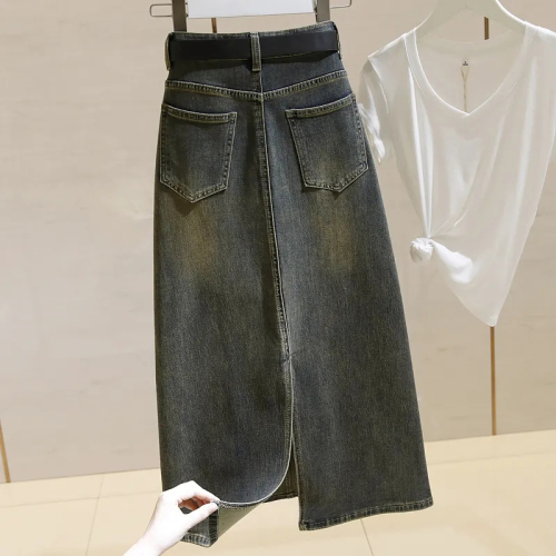 Mid-length denim skirt for women high-waisted 2024 spring and autumn new style retro loose slimming slit A-line hip skirt