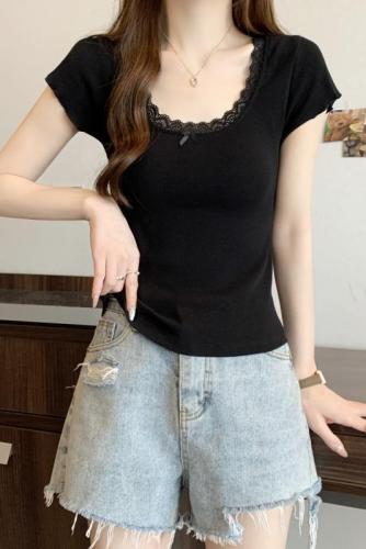 Real shot of pure cotton short-sleeved T-shirt for women in summer new Korean style internet celebrity loose half-sleeved lace bow bottoming top