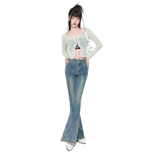 Actual shot of spring and autumn high-waisted new American-style high street retro topstitched double-button bootcut jeans