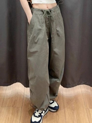 Military Green Quick-drying American High Street Overalls Pocket Loose Sports Pants Women's High Waist Slim Wide Leg Pants Summer
