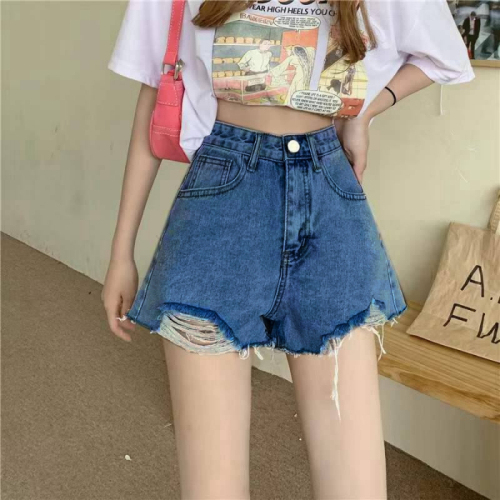 Denim shorts women's ins style summer new fat mm thin niche internet celebrity raw edge ripped high waist a line hot pants trendy