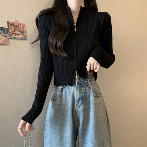 Real shot black zipper knitted cardigan jacket women's new outer sweater slim bottoming shirt top