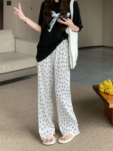 Actual shot of the new bow-printed pleated fungus-edged versatile casual pants with high waist and slimming wide-leg pants
