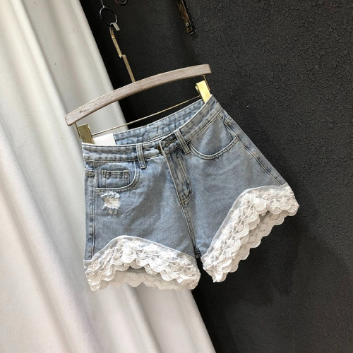 Spring and summer new Korean style loose slimming spliced ​​lace wide-leg A-line ripped denim shorts women's trendy hot pants