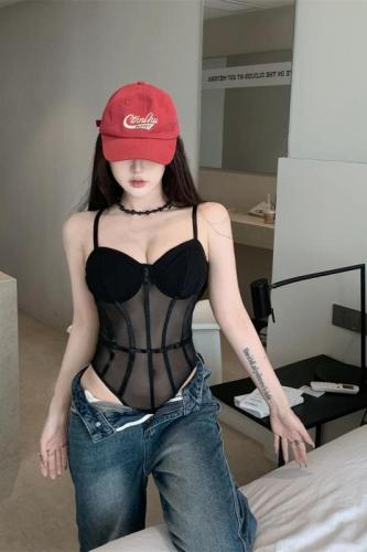 Real shot~Black mesh see-through small suspender sexy slim fit jumpsuit sweet and spicy summer style