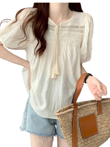 Summer 2024 new style French hollow design lace-up shirt women's thin puff short-sleeved shirt top