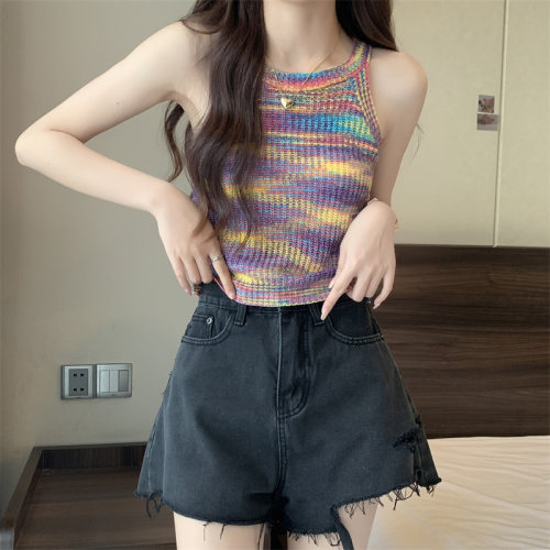 Real shot of French chic hot girl rainbow striped knitted camisole internet celebrity sleeveless short top