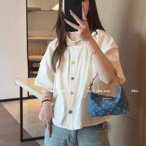 Korean Style Western Style Puff Sleeve Colorful Button Shirt Top Women's 2024 Summer New Loose Design Small Shirt