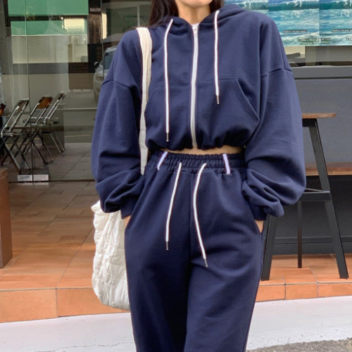 Versatile zipper hooded loose sweatshirt set, two-piece set