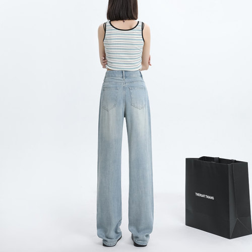 Real shot of retro nostalgic Tencel jeans, summer thin high-waist drape floor-length straight loose ice silk pants