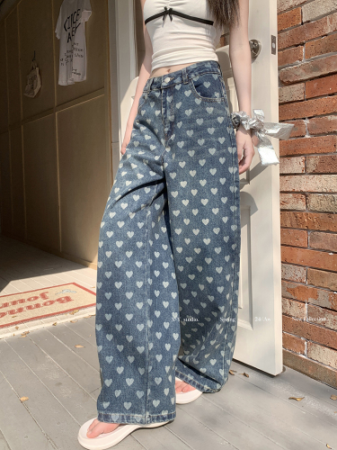 Actual shot of 2024 spring and summer new style full-print love jeans trousers loose casual straight wide-leg pants for women