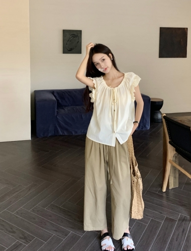 Actual shot ~ French lotus leaf sleeve drawstring casual shirt + cotton and linen wide version tofu pants nine points
