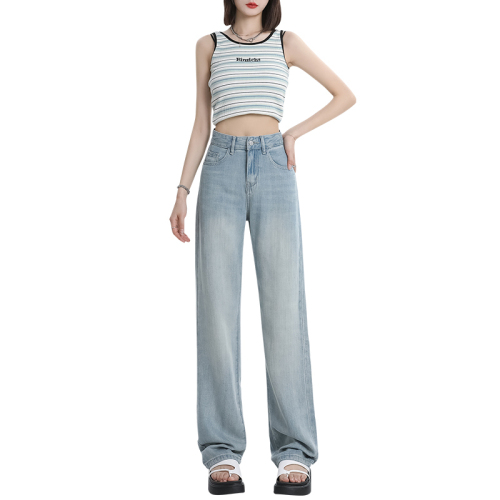 Real shot of retro nostalgic Tencel jeans, summer thin high-waist drape floor-length straight loose ice silk pants