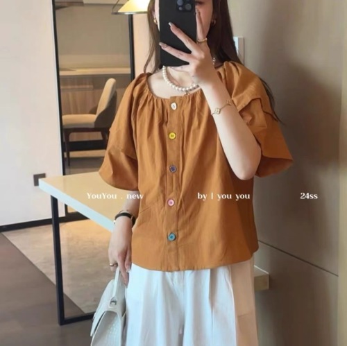 Korean Style Western Style Puff Sleeve Colorful Button Shirt Top Women's 2024 Summer New Loose Design Small Shirt