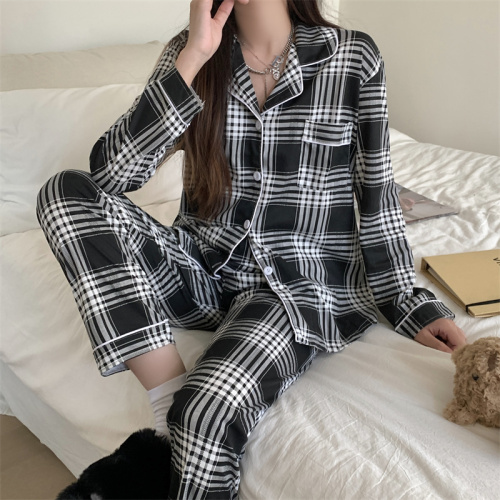 Autumn ins new internet celebrity plaid pajamas long-sleeved cardigan home wear suit lapel can be worn outside
