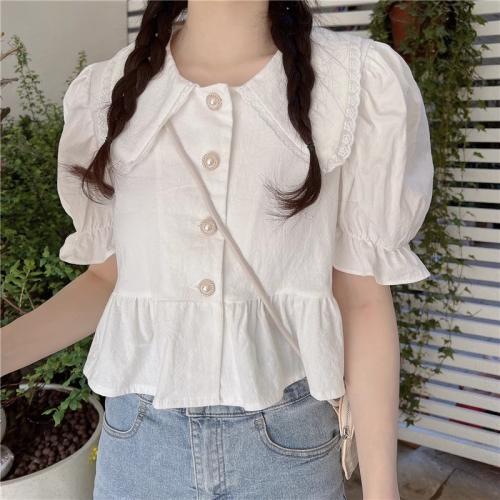 White lace doll collar shirt women's summer design niche short shirt French puff short-sleeved top