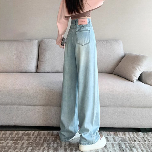 American retro high-waisted straight-leg jeans for women in summer new style loose and slim light blue washed narrow wide-leg pants