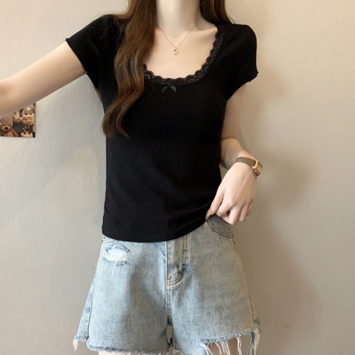 Real shot of pure cotton short-sleeved T-shirt for women in summer new Korean style internet celebrity loose half-sleeved lace bow bottoming top