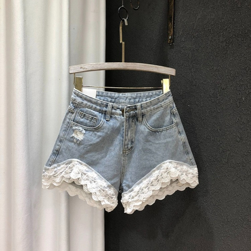 Spring and summer new Korean style loose slimming spliced ​​lace wide-leg A-line ripped denim shorts women's trendy hot pants