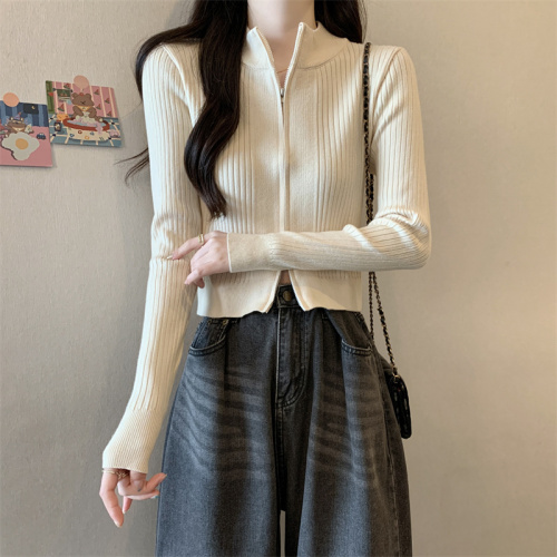 Real shot black zipper knitted cardigan jacket women's new outer sweater slim bottoming shirt top