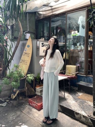 Actual shot~Korean style versatile sun protection knitted cardigan suspenders + comfortable lazy casual wide-leg pants and floor-length pants