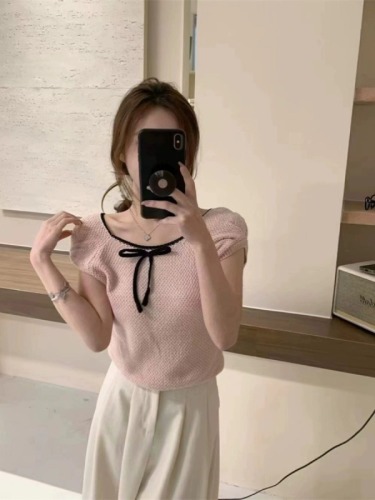 Tmall quality pure desire hottie age reduction bow short-sleeved knitted T-shirt women summer 2024 new short style