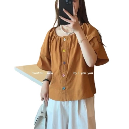 Korean Style Western Style Puff Sleeve Colorful Button Shirt Top Women's 2024 Summer New Loose Design Small Shirt