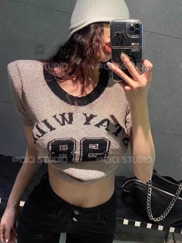 2024 spring and summer new style American hot girl letter jacquard short top women's slim round neck short-sleeved sweater