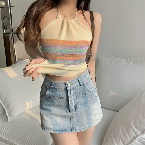 Real shots, no less, new casual striped short backless halter neck knitted camisole sweet hot girl inner top