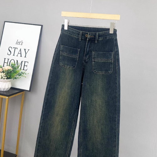 Retro high-waisted straight-leg jeans for women in autumn, new design, loose, slimming and versatile wide-leg pants, trendy
