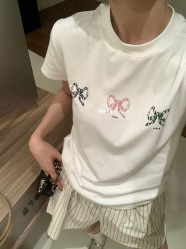 Korean style simple bow pattern printed short tee short sleeve T