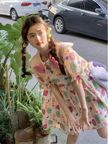Korean cute and sweet age-reducing dress 2024 loose belly-covering summer new three-dimensional flower doll skirt for women