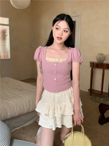 Real shot of versatile miu girl lace short slimming short-sleeved T-shirt