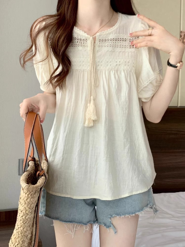 Summer 2024 new style French hollow design lace-up shirt women's thin puff short-sleeved shirt top