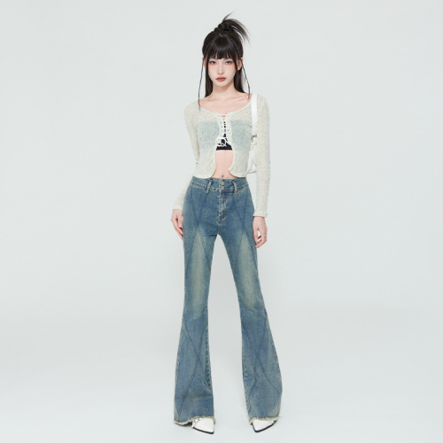 Actual shot of spring and autumn high-waisted new American-style high street retro topstitched double-button bootcut jeans