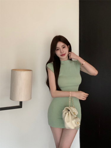 Actual shot~New stretch half turtleneck fashionable butt-covering slim fit knitted dress
