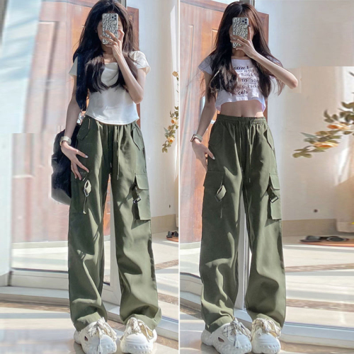 Pink overalls women's bf style summer thin high-waisted slim wide-leg straight casual American sports long pants trendy