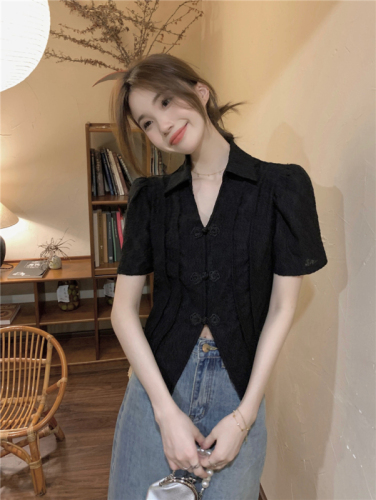 Real shot!  Chinese New Style Retro Puff Short Sleeve Lace Shirt Women's Polo Collar Button Design Top