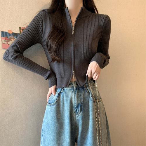 Real shot black zipper knitted cardigan jacket women's new outer sweater slim bottoming shirt top