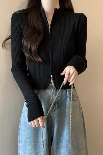 Real shot black zipper knitted cardigan jacket women's new outer sweater slim bottoming shirt top
