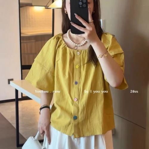 Korean Style Western Style Puff Sleeve Colorful Button Shirt Top Women's 2024 Summer New Loose Design Small Shirt