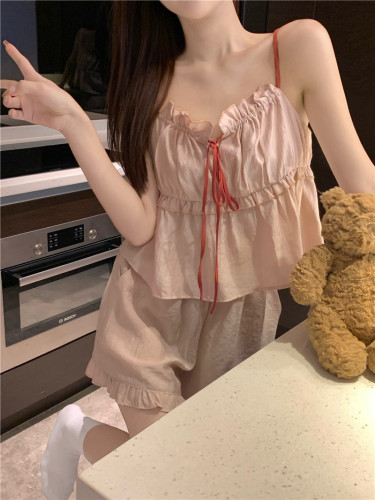 Real shot of Korean version of sweet cotton contrasting color small sexy contrasting color suspender home clothes set