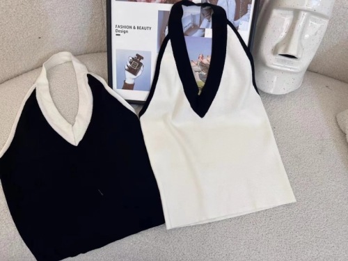 V-neck contrasting color design knitted vest women's summer slim simple halterneck sexy sleeveless bottoming top