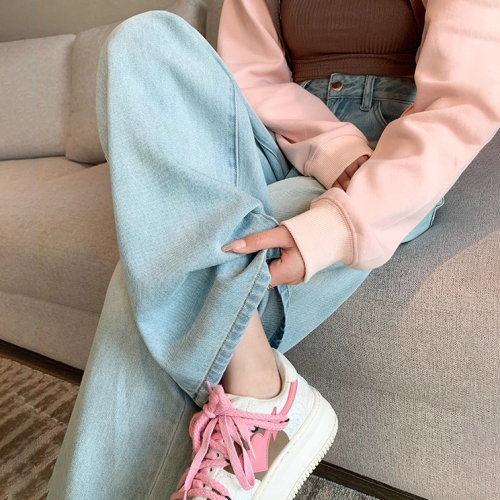 American retro high-waisted straight-leg jeans for women in summer new style loose and slim light blue washed narrow wide-leg pants