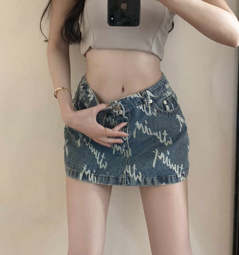 Printed denim skirt for women 2024 Korean summer new slim high-waisted A-line retro hip-hugging short skirt