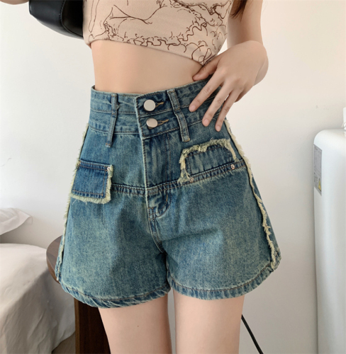 Fashionable high-waisted denim shorts for women in summer new style raw edge design versatile slimming loose retro wide-leg shorts